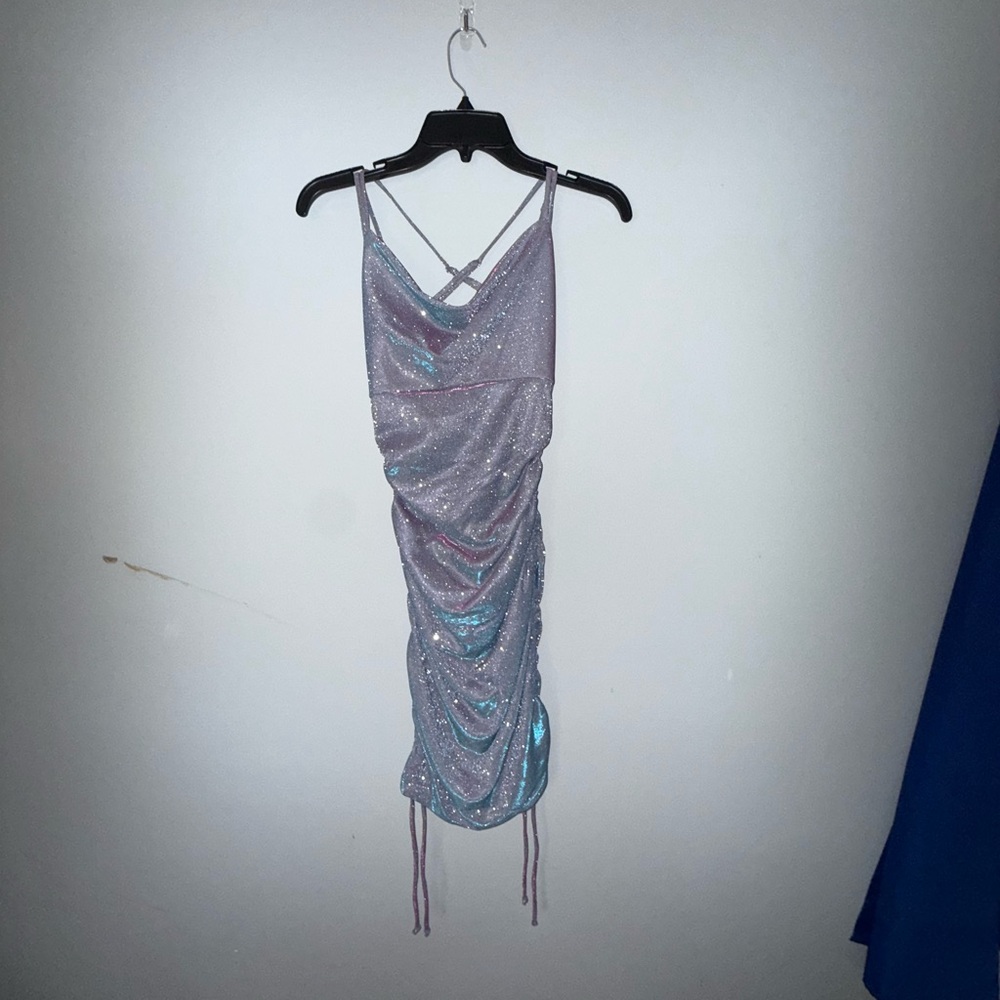 A. Byer Blue Ruched Spaghetti Strap Mini Dress